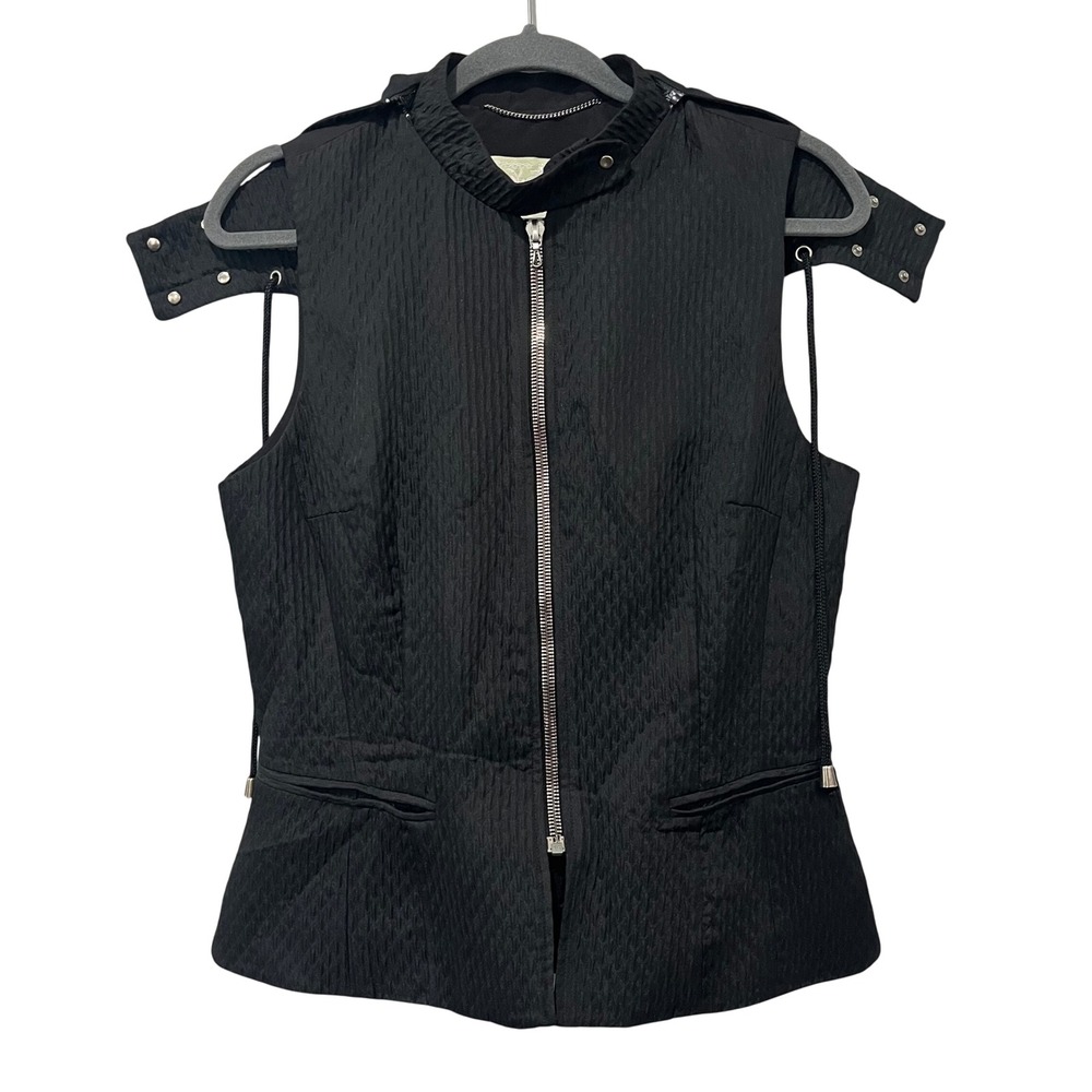 Charles Chang-Lima Black Textured Hooded Vest Zip Up Silk Lined Women's Large